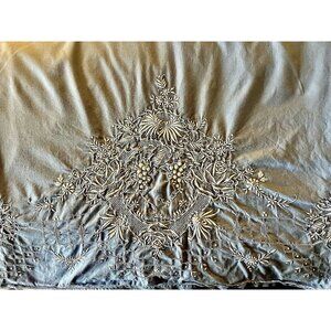VTG Handmade Embroidered QUEEN Sheet Blue Drawnwork Cotton 100L x 86W BEAUTIFUL